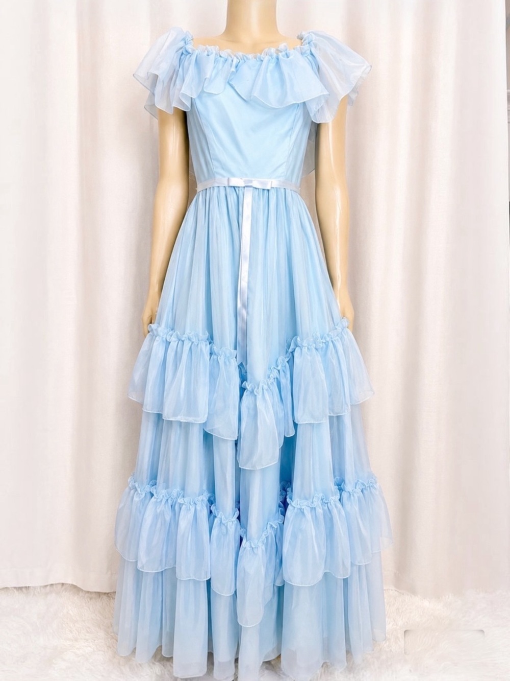 Vintage 1970s Union Made Baby Blue Ruffle Chiffon Maxi Gown Fairycore